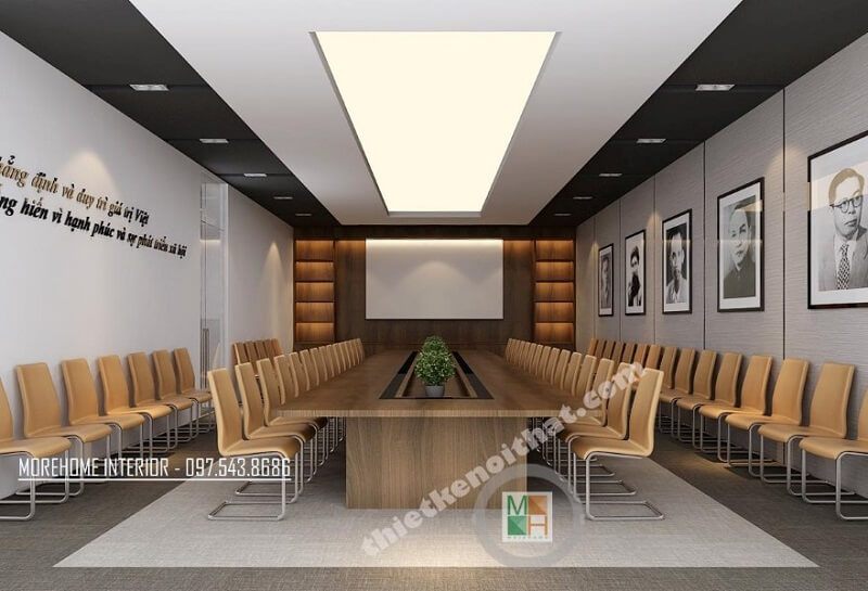 Thiết kế phòng họp văn phòng gần gũi với chiếc bàn dài gỗ công nghiệp cao MFC chất lượng cùng hàng ghế chân inox đẹp.