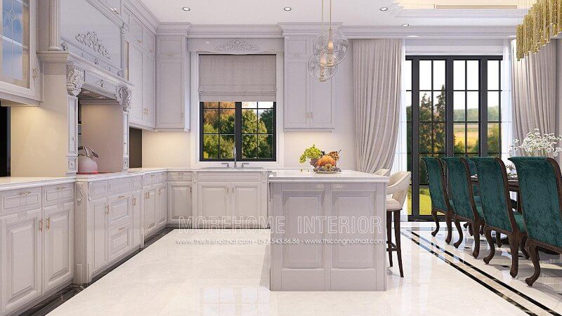 Thiết kế tủ bếp gỗ tự nhiên nhập khẩu cao cấp ấn tượng, các chi tiết chạm khắc tỉ mỉ, tinh tế mang lại không gian sang trọng
