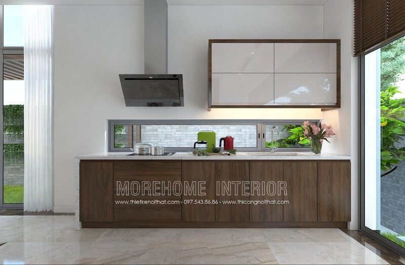 Tủ bếp gỗ óc chó nhập khẩu được thiết kế chữ i đơn giản hay không cầu kỳ mà vẫn phải đáp ứng đầy đủ công năng sử dụng, thỏa mãn tính thẩm mỹ lại rất gọn gàng bắt mắt, thể hiện đẳng cấp của gia chủ