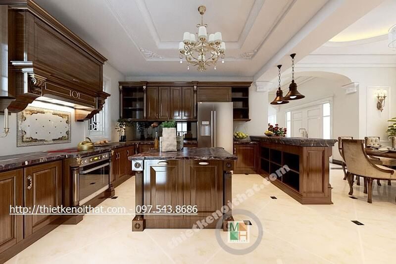 Thiết kế tủ bếp chữ u gỗ tự nhiên với tone màu trầm, mặt bếp ốp đá tự nhiên cao cấp thuận tiện cho việc vệ sinh và tạo sự thẩm mỹ cho căn bếp