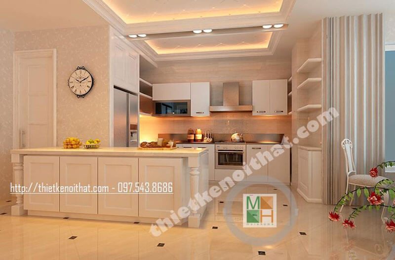 Mẫu tủ bếp gỗ hiện đại kết hợp hệ thống thiết bị bếp mang đến sự tiện nghi cho người nội trợ