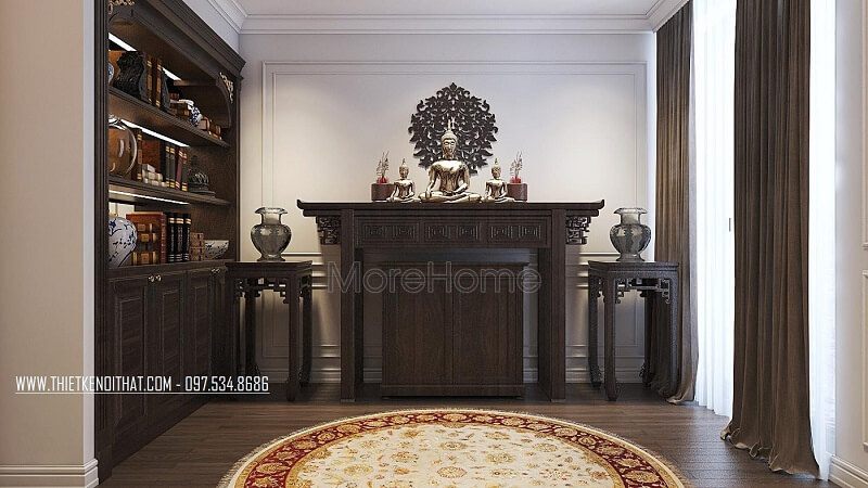 Thiết kế phòng thờ chung cư thêm phần trang trọng và đẳng cấp gia chủ nên sử dụng nội thất gỗ cùng tông màu kết hợp cách bố trí hợp lí tạo nên một không gian thờ cúng đẹp.