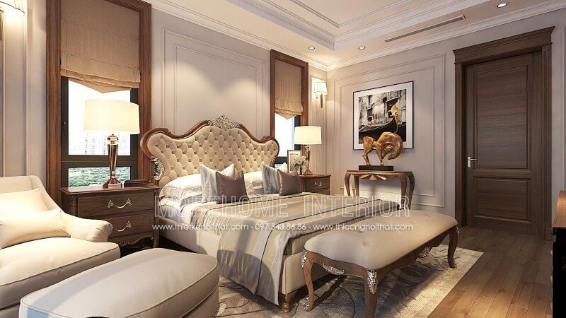Giường ngủ biệt thự cao cấp được thiết kế theo phong cách tân cổ điển tinh tế, những đường nét chạm khắc được tô điểm rất nét, uốn lượn tạo nên vẻ sang trọng và đẳng cấp của chủ nhân.