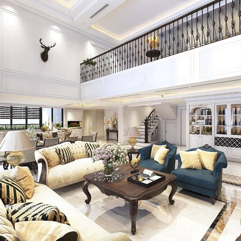 Mẫu bàn trà gỗ óc chó tự nhiên nhập khẩu phong cách tân cổ điển đẹp cho phòng khách ở căn hộ duplex thanh xuân hà nội