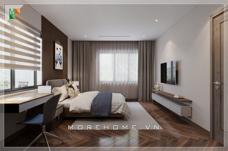 Mẫu kệ tivi đơn giản, có kiểu dáng hiện đại, là sự lựa chọn tuyệt vời để trang trí phòng ngủ nhỏ của chung cư, nhà phố.